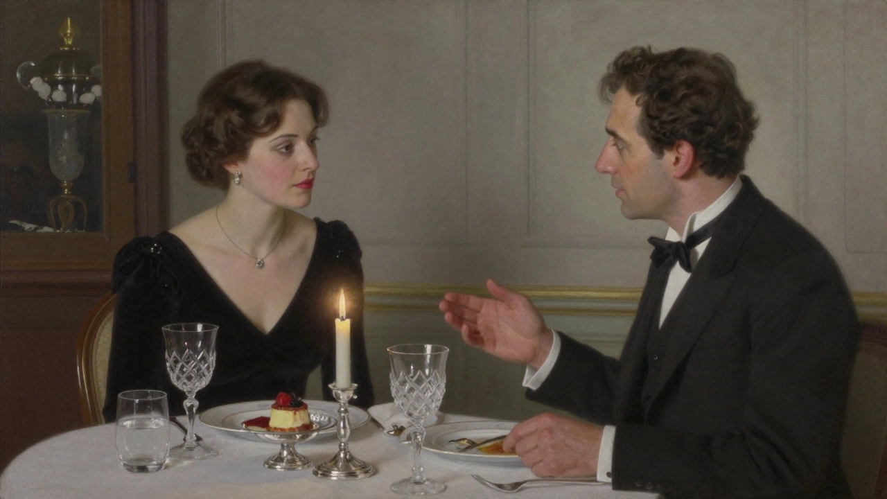 A sophisticated woman listening intently to a man during a candlelit dinner in an exclusive Monaco restaurant.