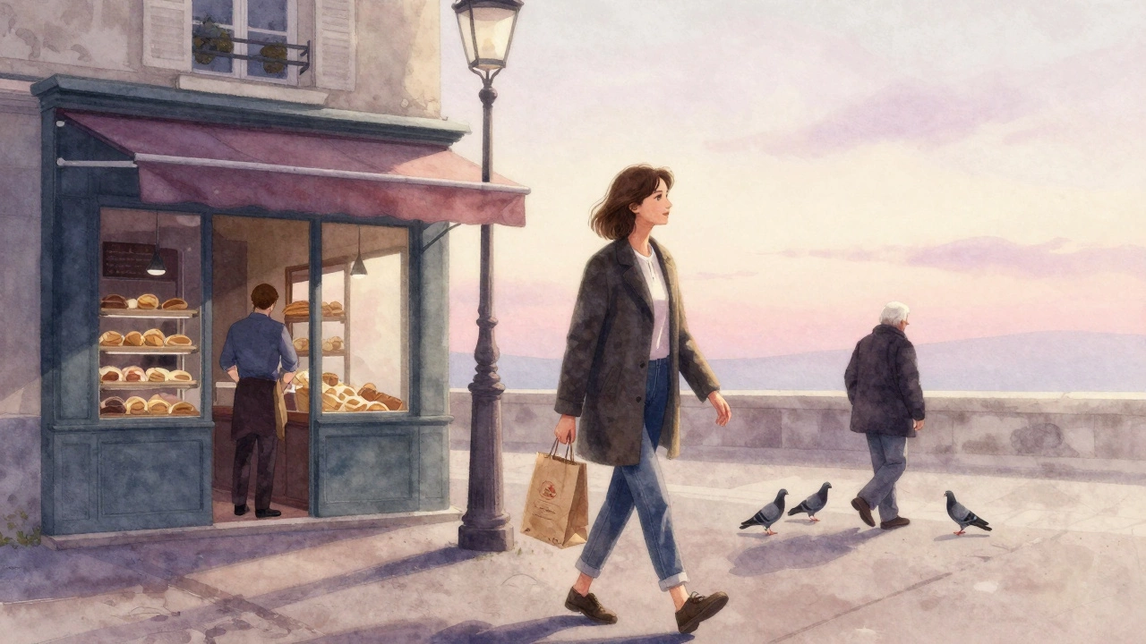 A woman walks through Montmartre at sunrise, surrounded by the quiet awakening of the city.