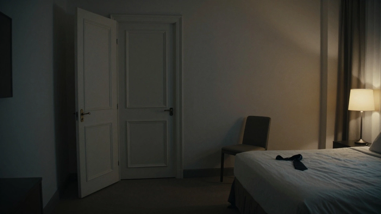 An empty hotel room in Paris with a discarded tie and dim lighting, suggesting a transient encounter.